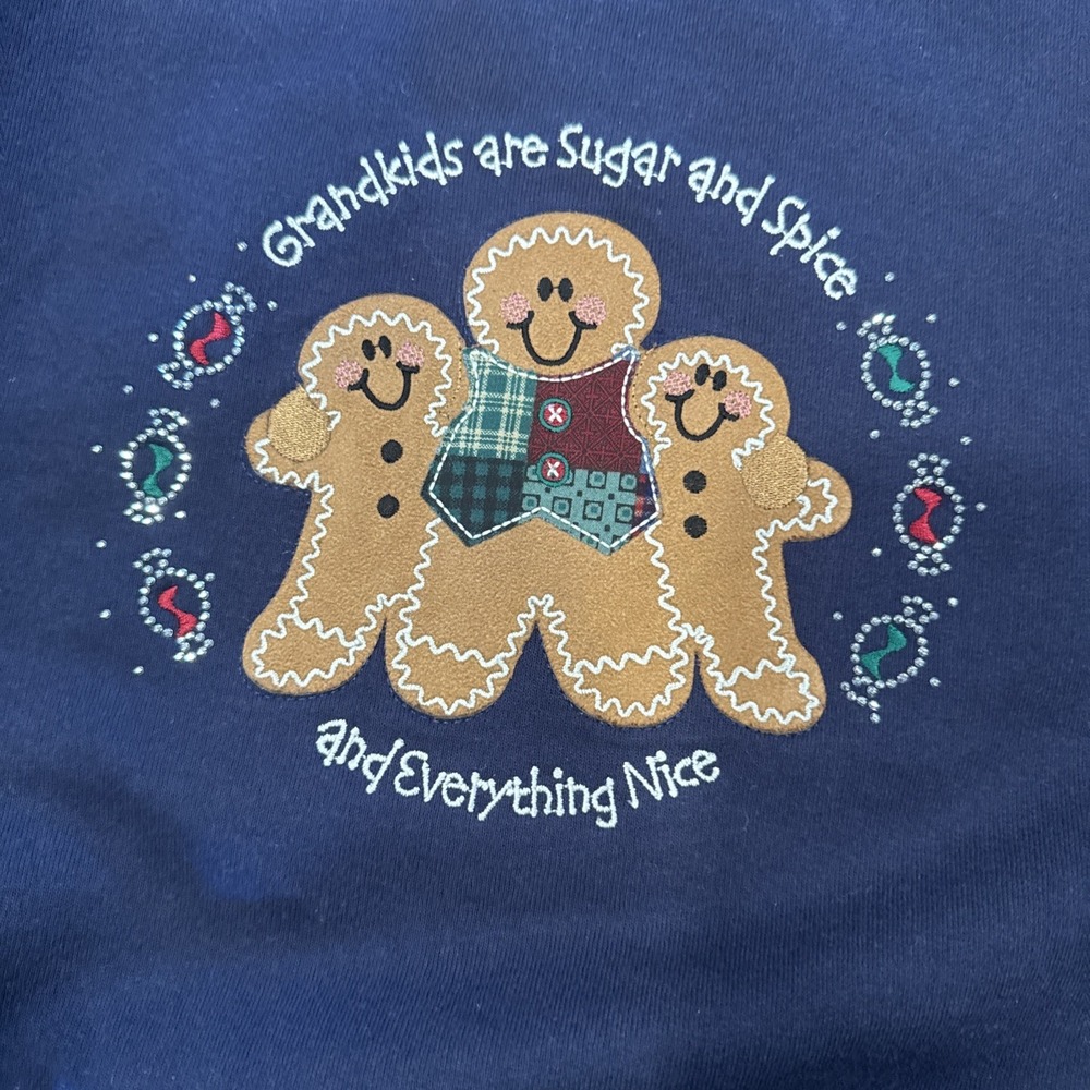 M & C SPORTSWEAR CHRISTMAS GINGERBREAD SWEATSHIRT LARGE GRANDKIDS NAVY CUTE! - Picture 2 of 4
